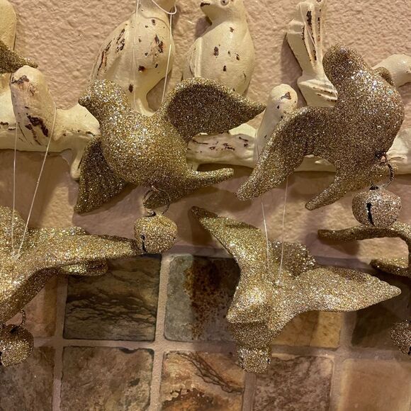 18 Gold Glitter Dove Ornaments With Bells - Picture 1 of 16